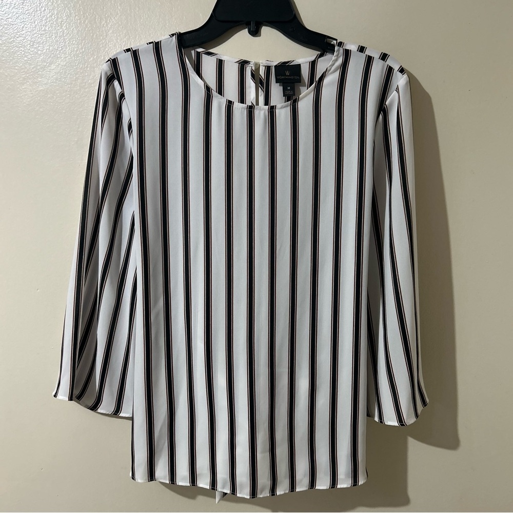 Worthington Women’s Blouse M White Black‎ Gold 3/4 Sleeves Dressy Casual Party